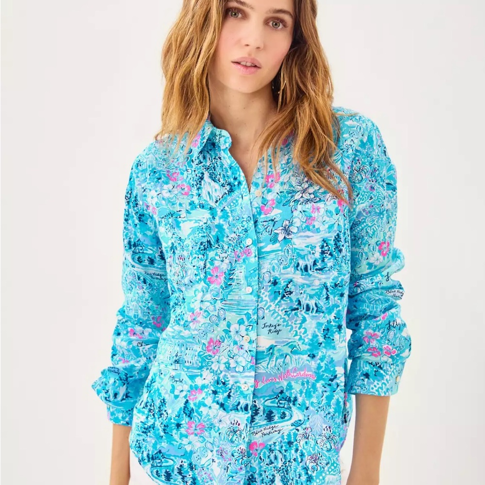 Lilly Pulitzer Blue and Pink Button Down Shirt.  Small.  NWT
